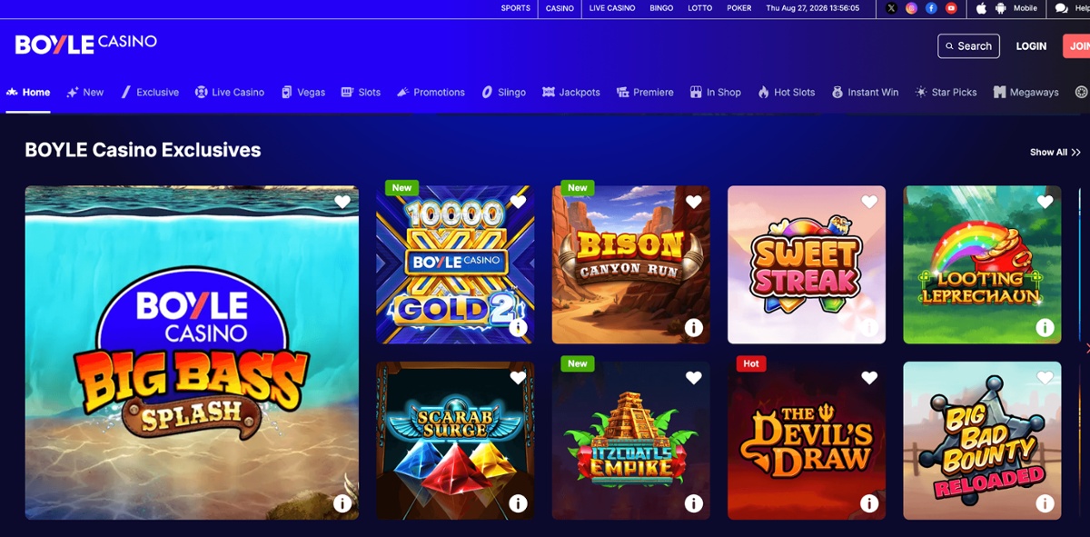 BOYLE Casino homepage displaying its exclusive game selection, including Big Bass Splash